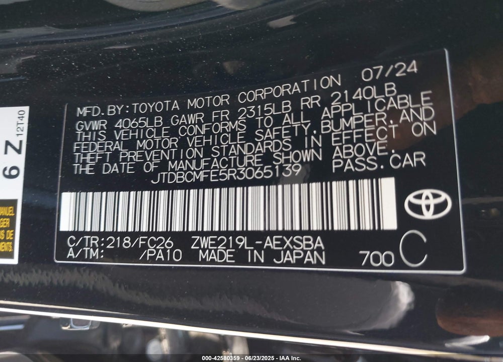 2024 TOYOTA COROLLA VIN: JTDBCMFE5R3065139