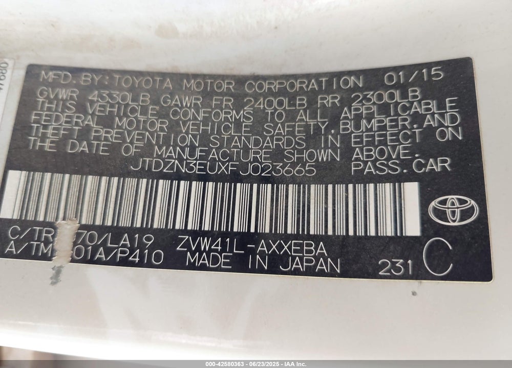 2015 TOYOTA PRIUS V VIN: JTDZN3EUXFJ023665