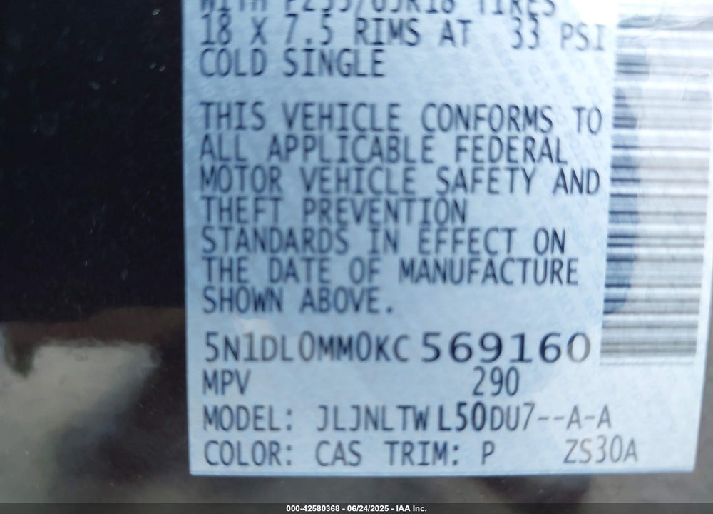2019 INFINITI QX60 VIN: 5N1DL0MM0KC569160