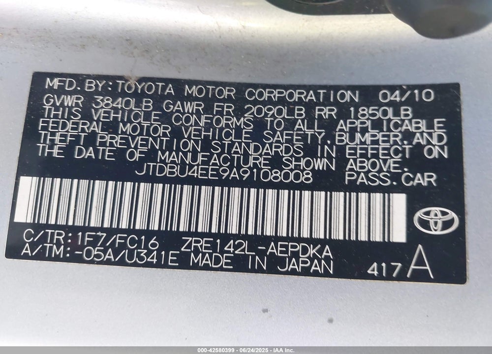 2010 TOYOTA COROLLA VIN: JTDBU4EE9A9108008