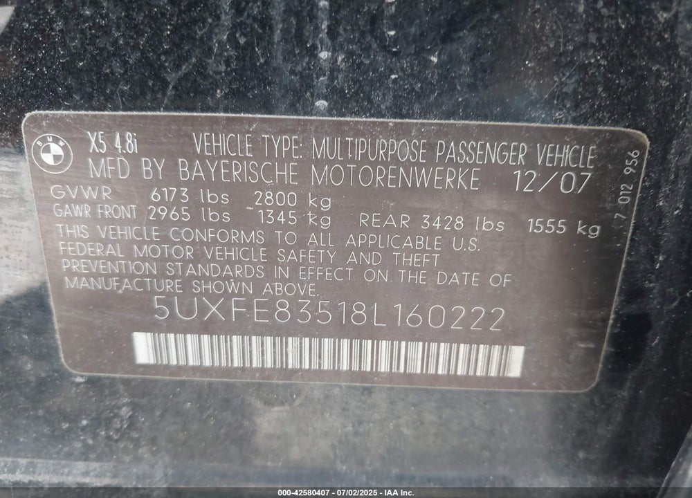 2008 BMW X5 4.8I VIN: 5UXFE83518L160222