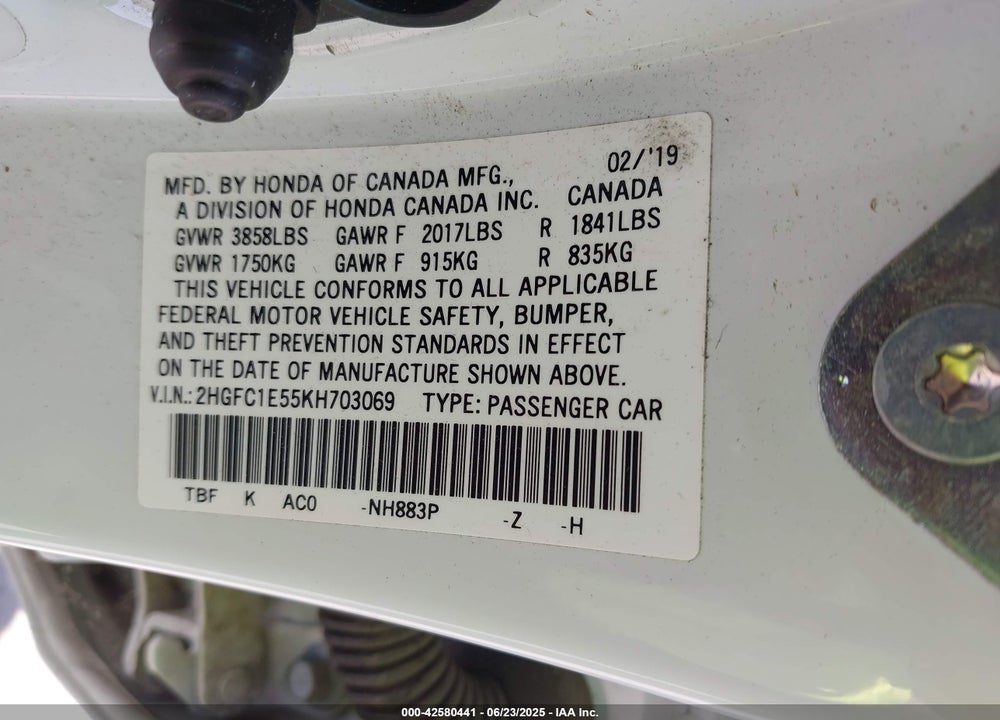 2019 HONDA CIVIC VIN: 2HGFC1E55KH703069