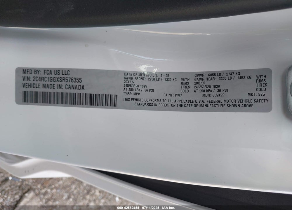2025 CHRYSLER PACIFICA LIMITED VIN: 2C4RC1GGXSR576355