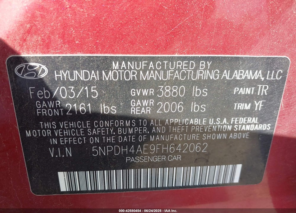 2015 HYUNDAI ELANTRA SE VIN: 5NPDH4AE9FH642062