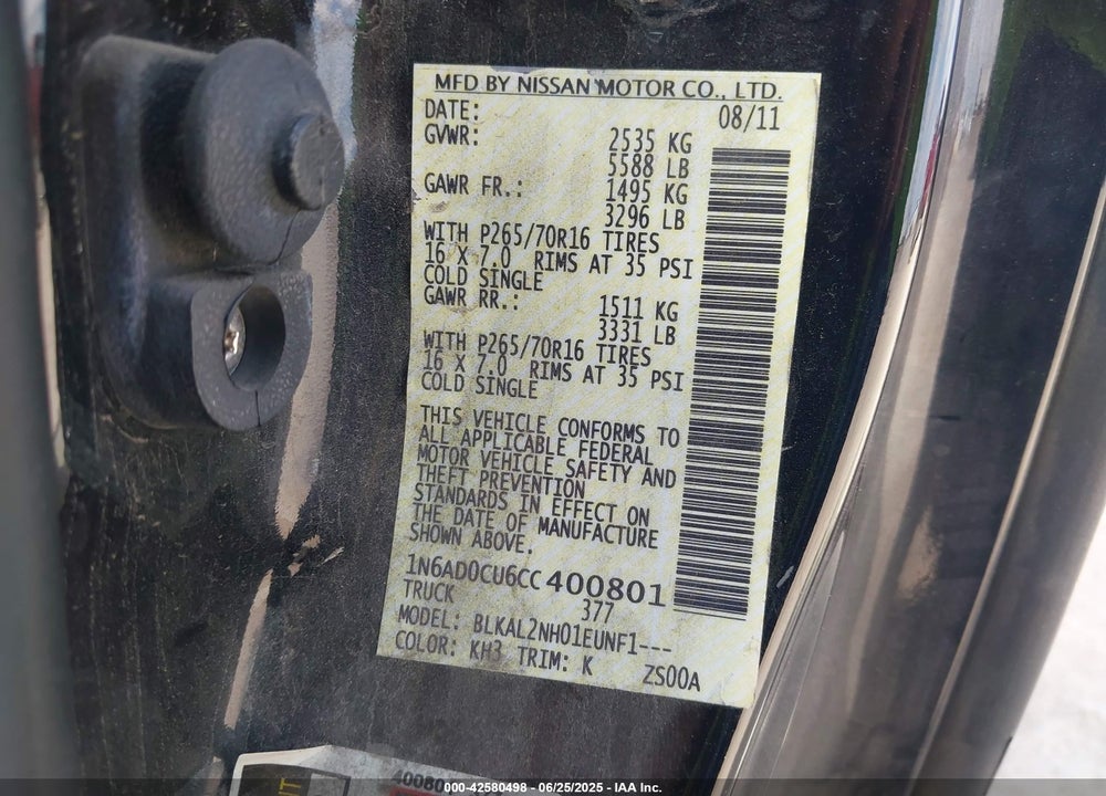 2012 FRONTIER NISSAN  SV VIN: 1N6AD0CU6CC400801