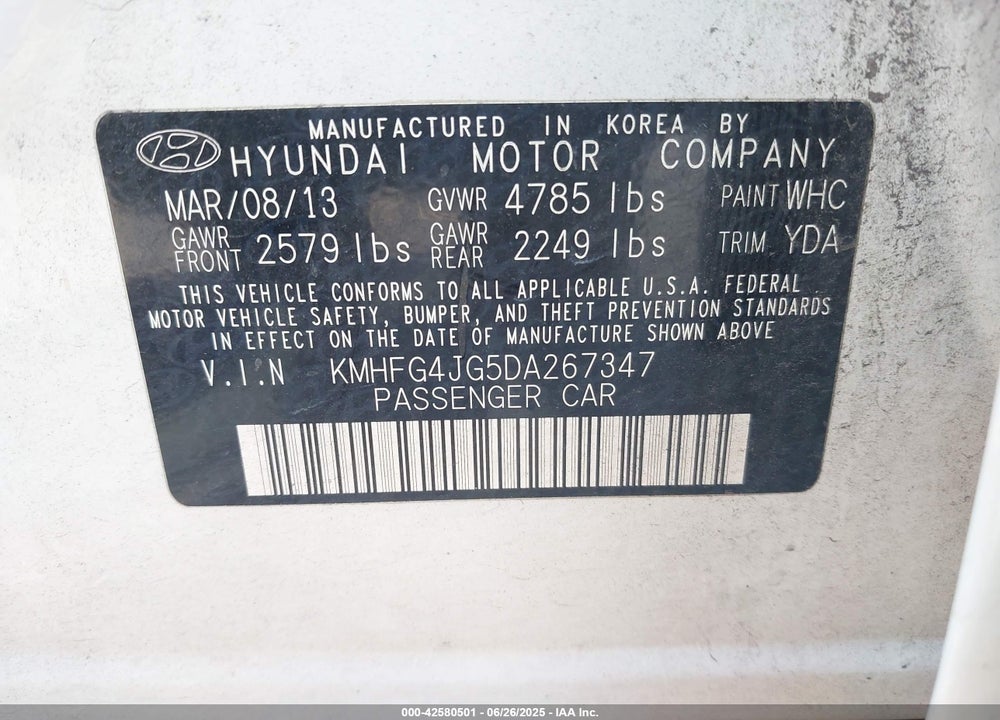 2013 HYUNDAI AZERA VIN: KMHFG4JG5DA267347