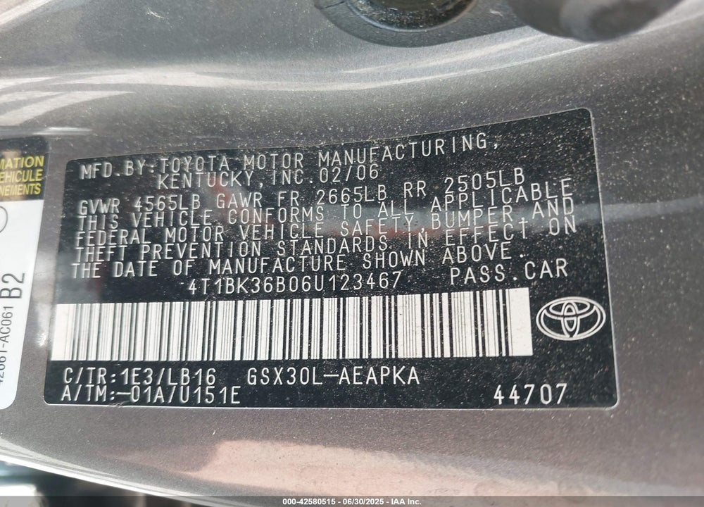2006 TOYOTA AVALON VIN: 4T1BK36B06U123467