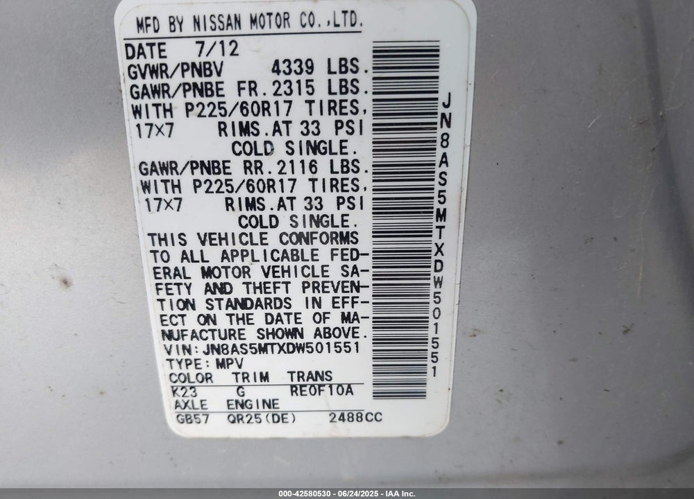 2013 NISSAN ROGUE VIN: JN8AS5MTXDW501551