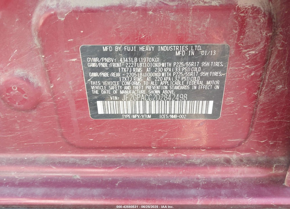 2013 SUBARU XV CROSSTREK VIN: JF2GPACC2D2842498