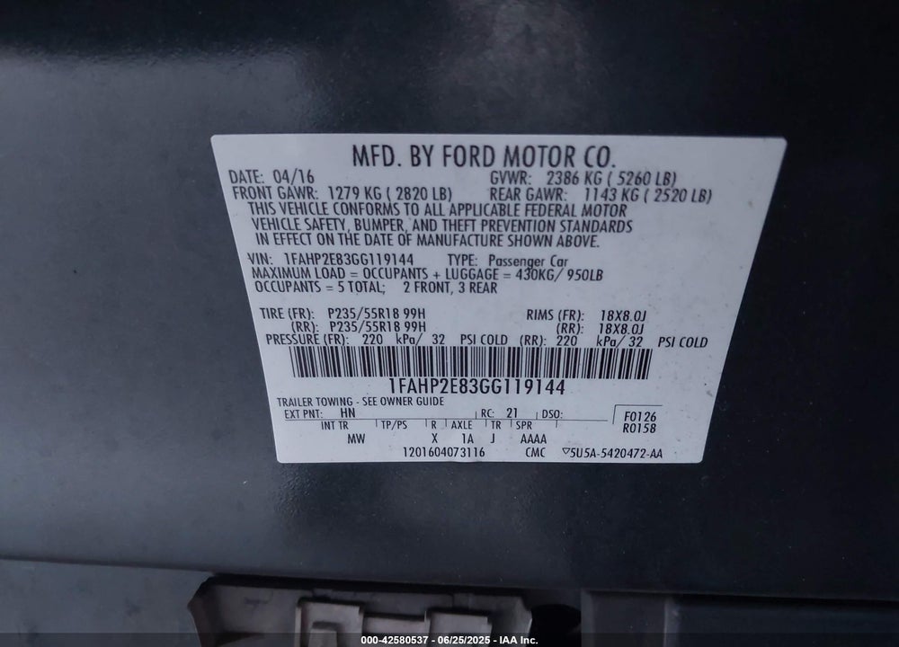 2016 FORD TAURUS VIN: 1FAHP2E83GG119144