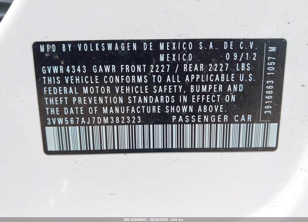 2013 VOLKSWAGEN JETTA VIN: 3VW567AJ7DM382323
