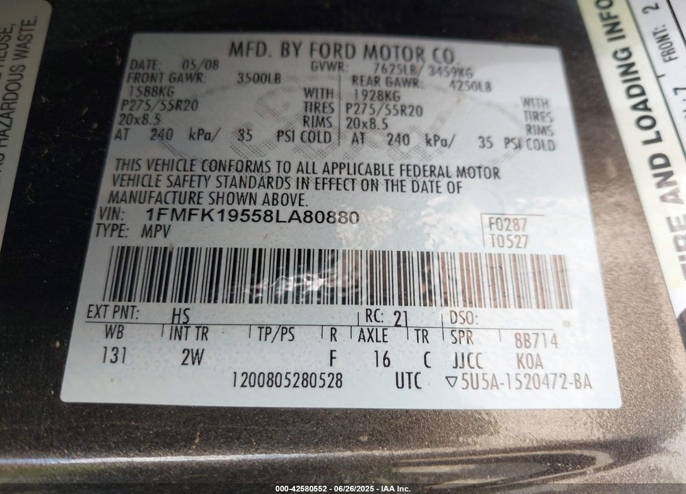 2008 FORD EXPEDITION EL LIMITED VIN: 1FMFK19558LA80880