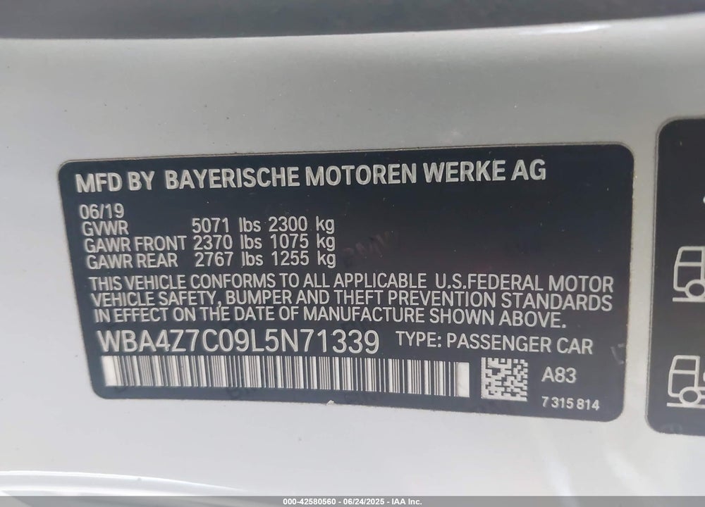 2020 BMW 440I XDRIVE VIN: WBA4Z7C09L5N71339