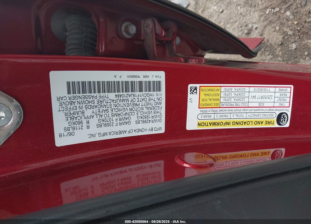 2018 HONDA ACCORD VIN: 1HGCV1F19JA210484