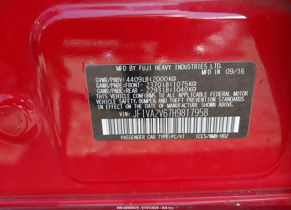 2017 SUBARU WRX STI VIN: JF1VA2V67H9817958