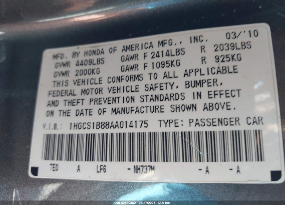 2010 HONDA ACCORD VIN: 1HGCS1B88AA014175