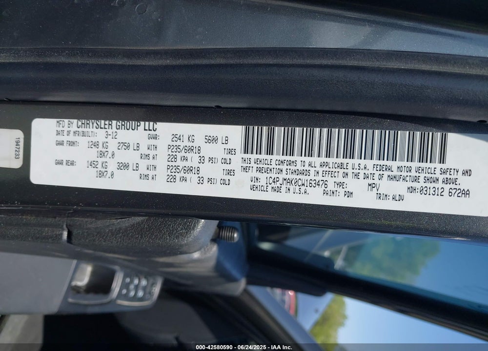 2012 JEEP LIBERTY VIN: 1C4PJMAK0CW163476