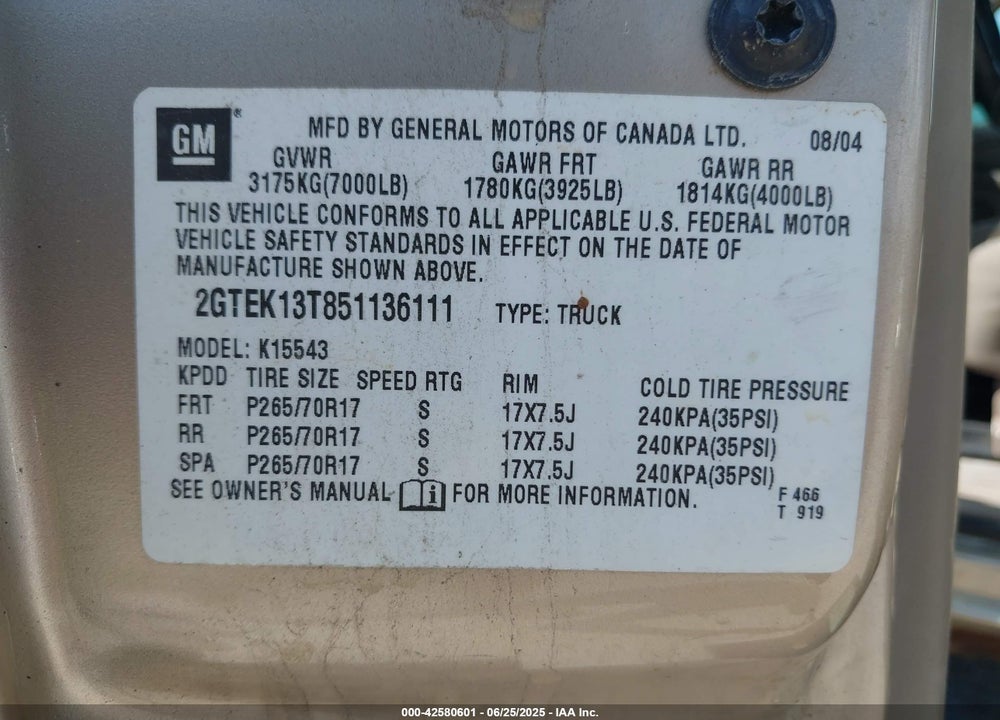 2005 GMC SIERRA 1500 SLE VIN: 2GTEK13T851136111