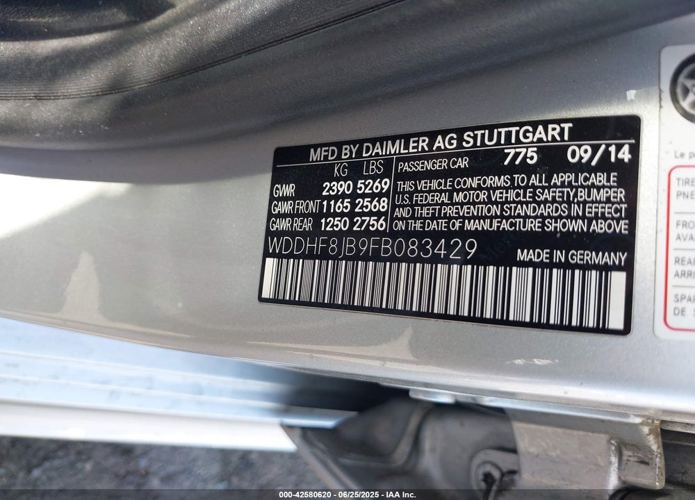 2015 MERCEDES-BENZ E-CLASS VIN: WDDHF8JB9FB083429