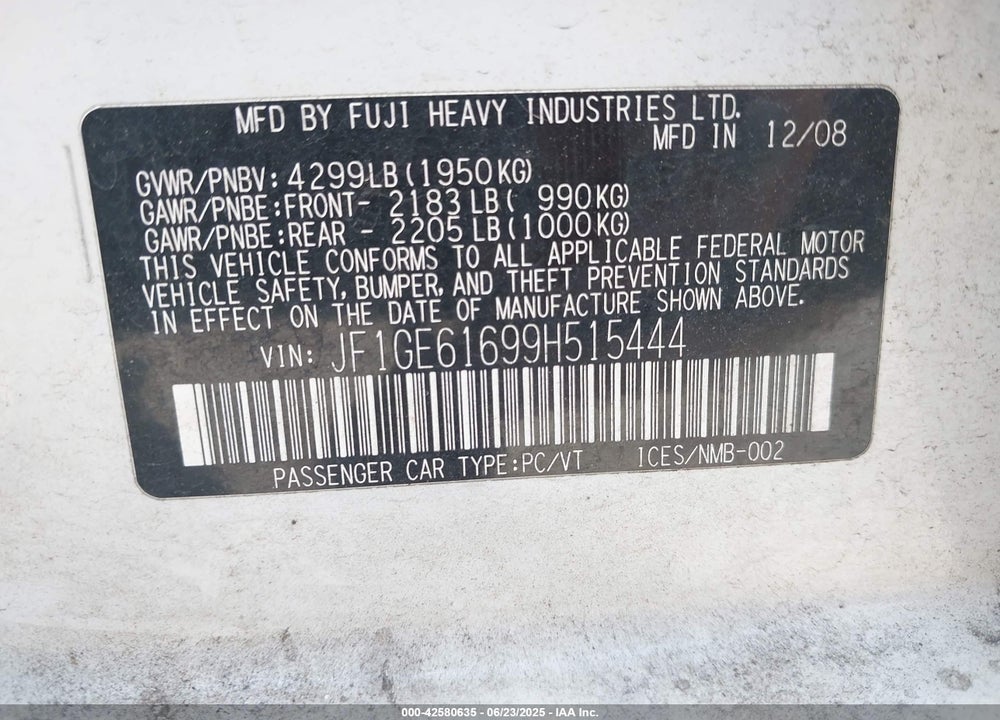 2009 SUBARU IMPREZA 2.5I VIN: JF1GE61699H515444