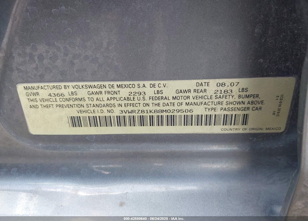 2008 VOLKSWAGEN JETTA SE/SEL VIN: 3VWRZ81K88M029506