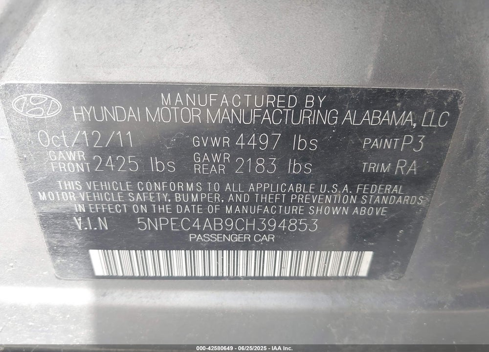 2012 HYUNDAI SONATA VIN: 5NPEC4AB9CH394853