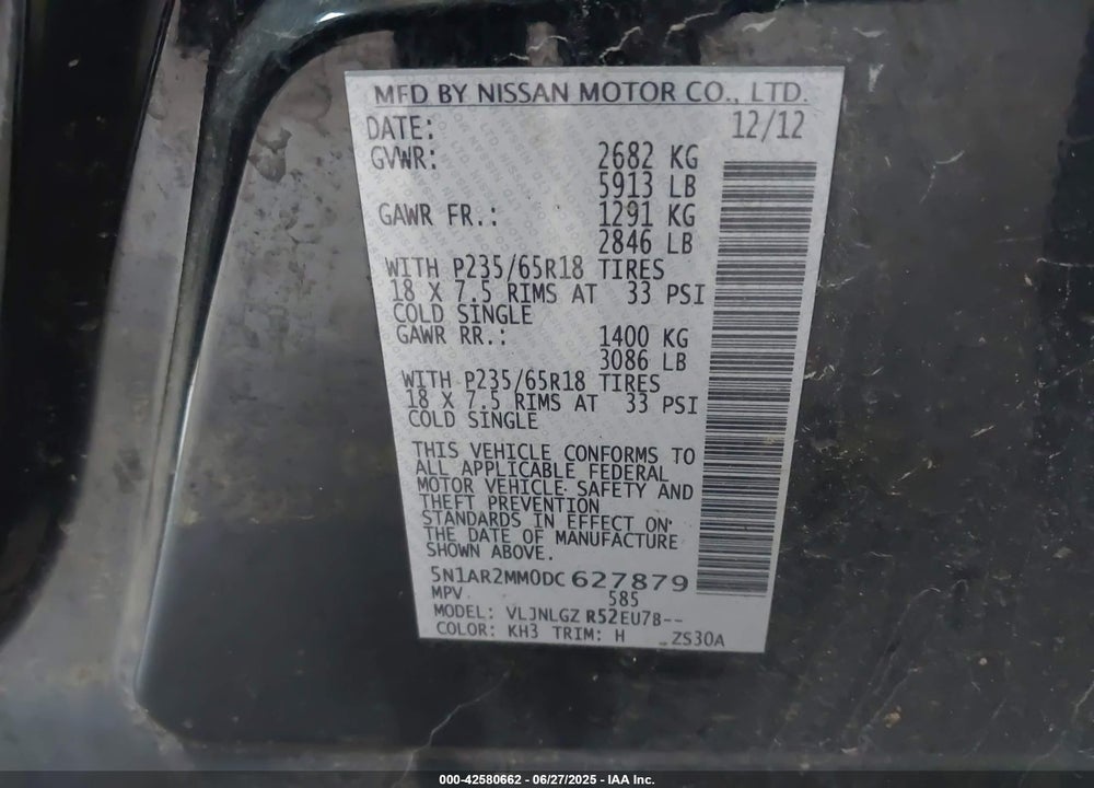 2013 NISSAN PATHFINDER VIN: 5N1AR2MM0DC627879