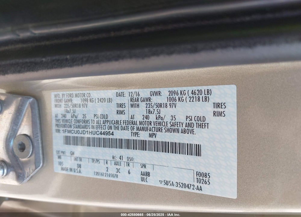 2017 FORD ESCAPE VIN: 1FMCU0JD1HUC44954