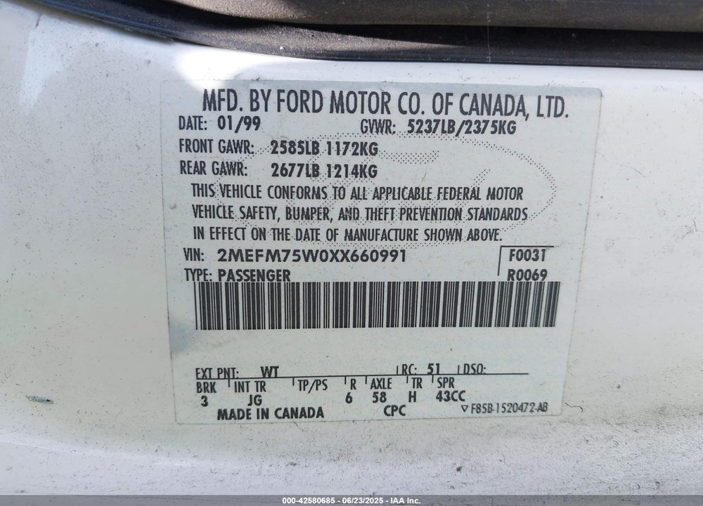 1999 MERCURY GRAND MARQUIS VIN: 2MEFM75W0XX660991