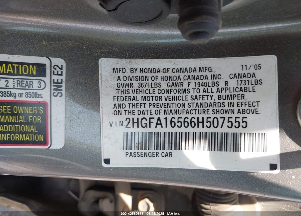 2006 HONDA CIVIC VIN: 2HGFA16566H507555
