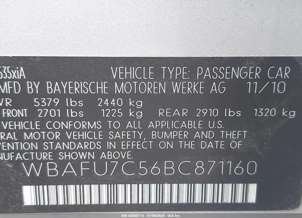 2011 BMW 5 SERIES VIN: WBAFU7C56BC871160