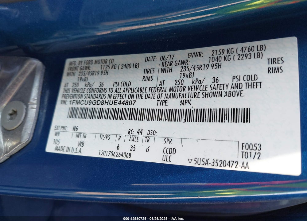 2017 FORD ESCAPE VIN: 1FMCU9GD8HUE44807