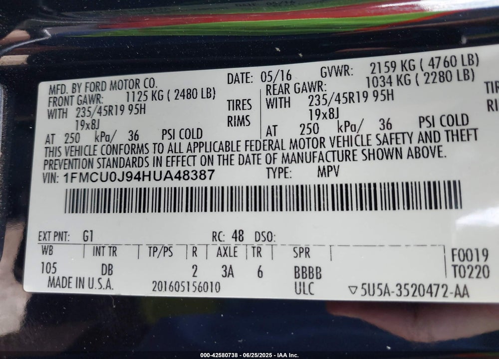 2017 FORD ESCAPE VIN: 1FMCU0J94HUA48387
