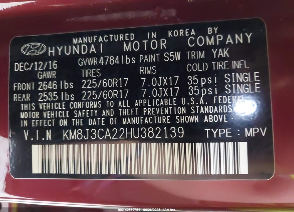 2017 HYUNDAI TUCSON VIN: KM8J3CA22HU382139