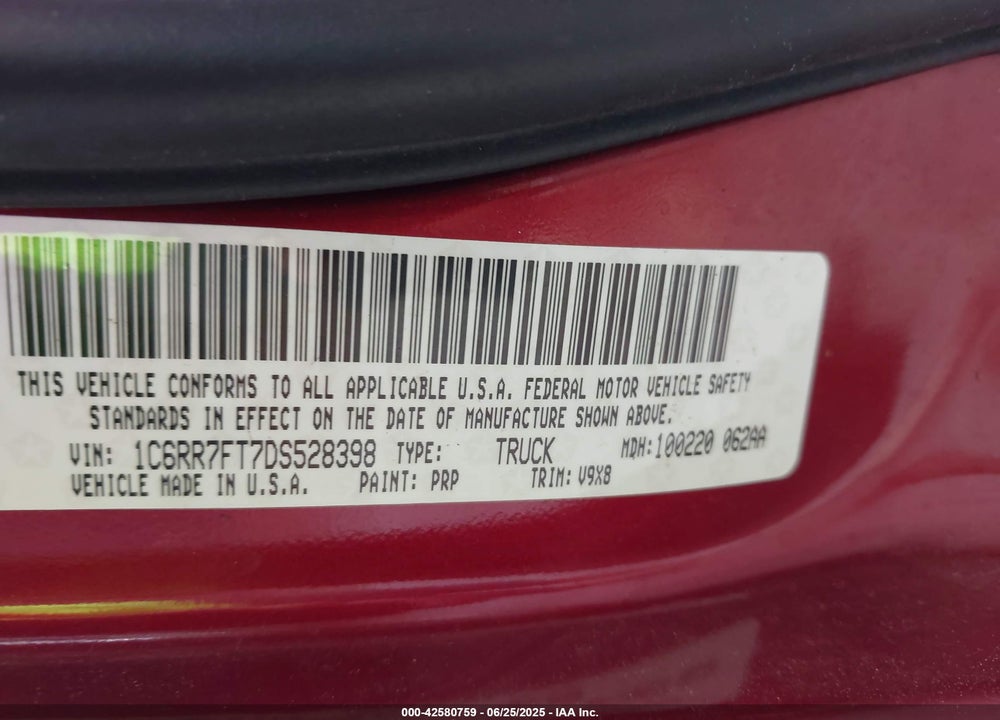 2013 RAM 1500 VIN: 1C6RR7FT7DS528398
