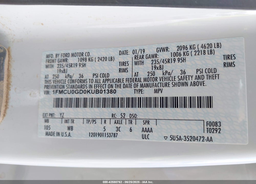 2019 FORD ESCAPE VIN: 1FMCU0GD0KUB01380