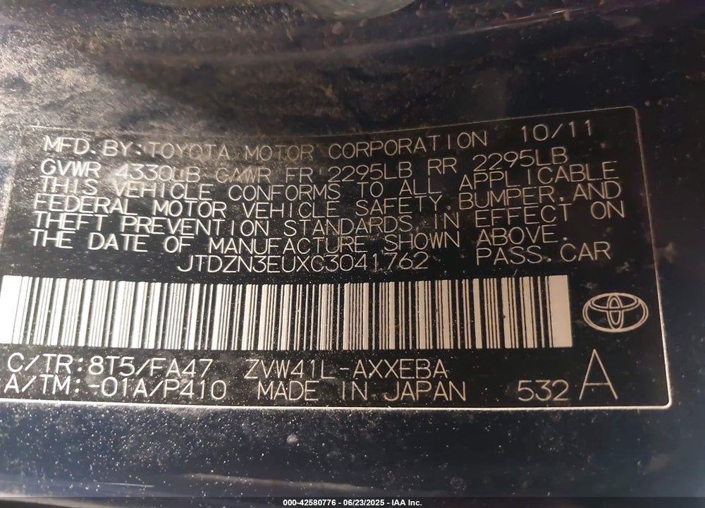 2012 TOYOTA PRIUS V VIN: JTDZN3EUXC3041762