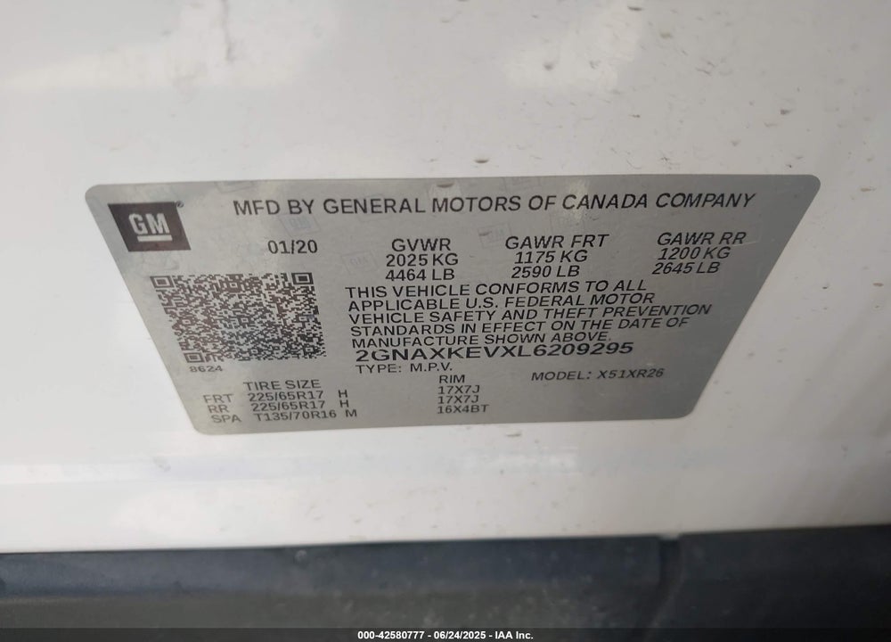 2020 CHEVROLET EQUINOX VIN: 2GNAXKEVXL6209295