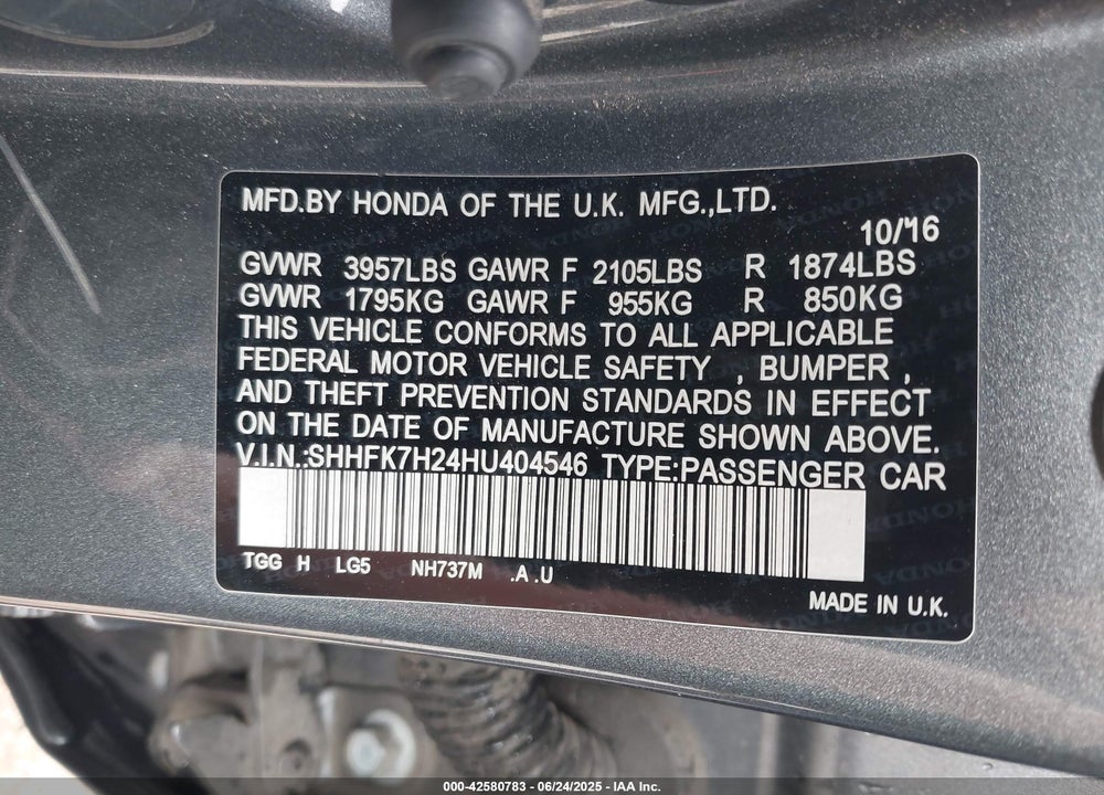 2017 HONDA CIVIC VIN: SHHFK7H24HU404546