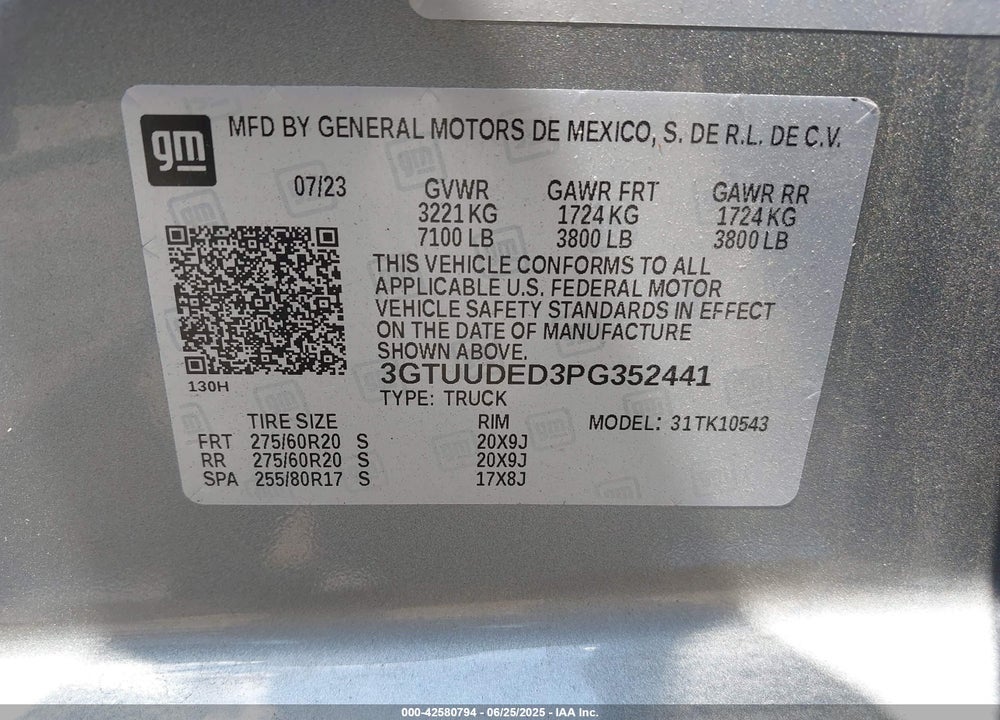 2023 GMC SIERRA K1500 SLT VIN: 3GTUUDED3PG352441