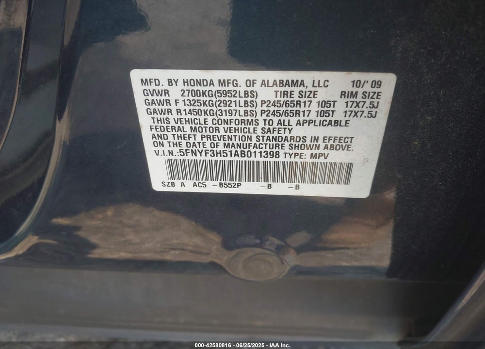2010 HONDA PILOT VIN: 5FNYF3H51AB011398