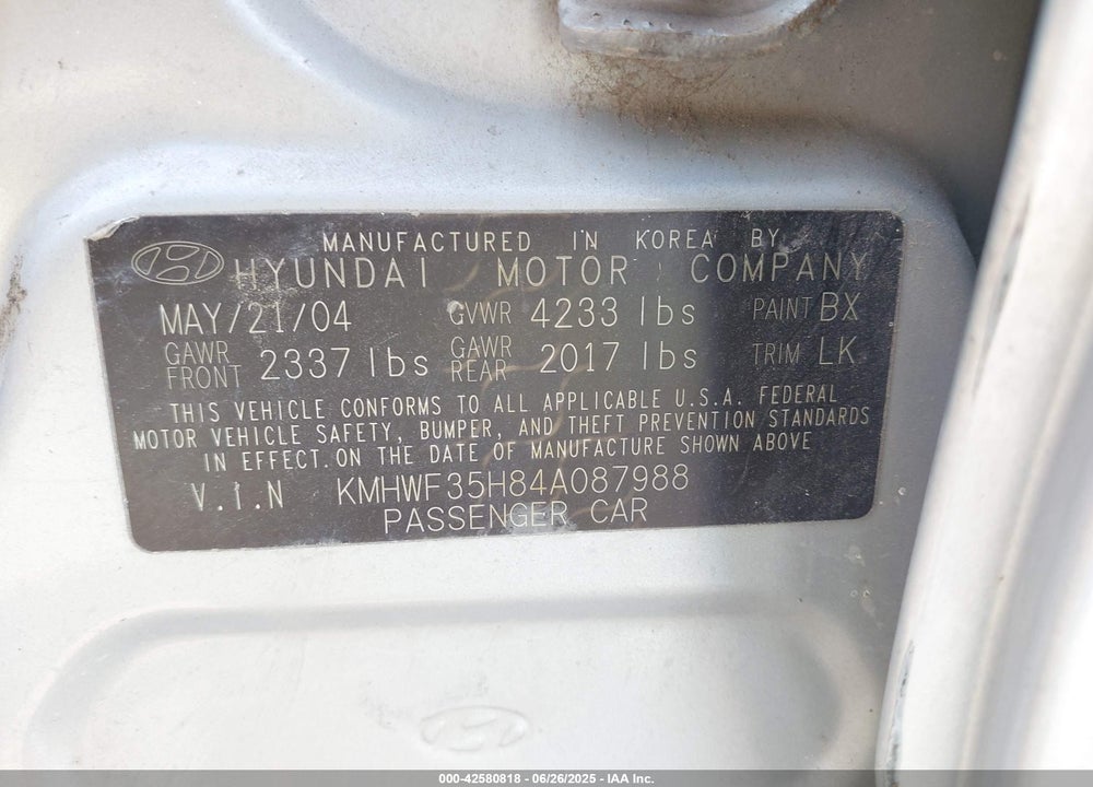 2004 HYUNDAI SONATA GLS/LX VIN: KMHWF35H84A087988