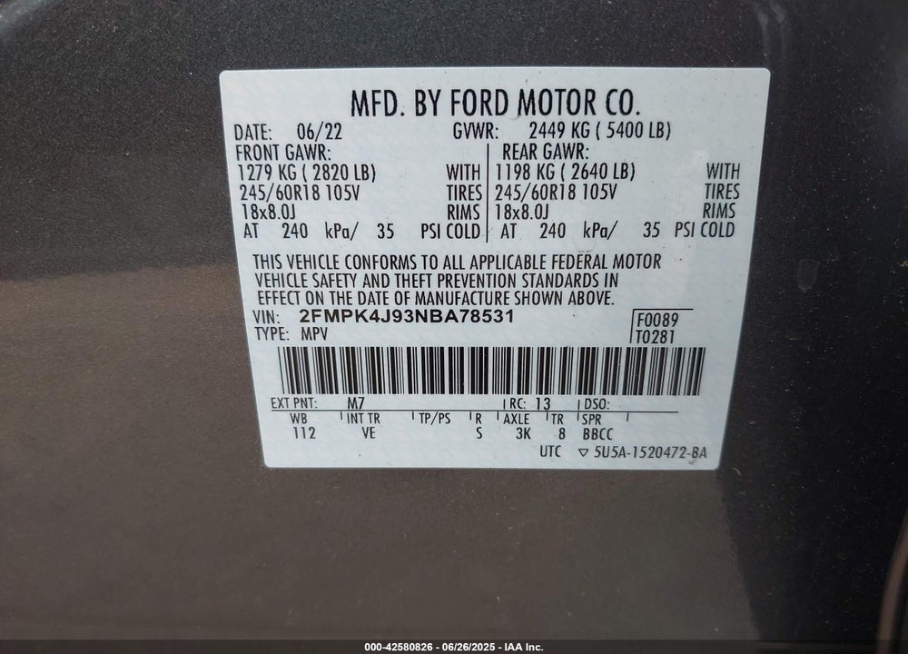 2022 FORD EDGE VIN: 2FMPK4J93NBA78531