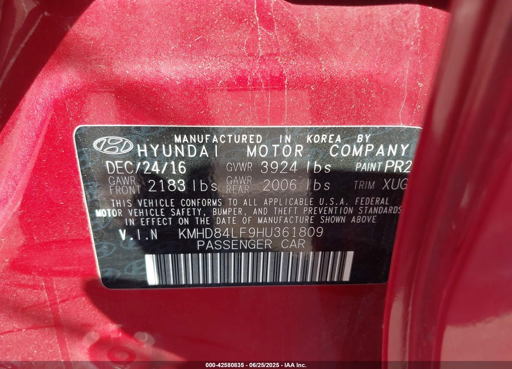 2017 HYUNDAI ELANTRA VIN: KMHD84LF9HU361809