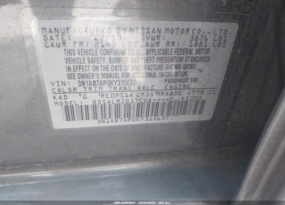 2019 NISSAN SENTRA VIN: 3N1AB7AP0KY315637