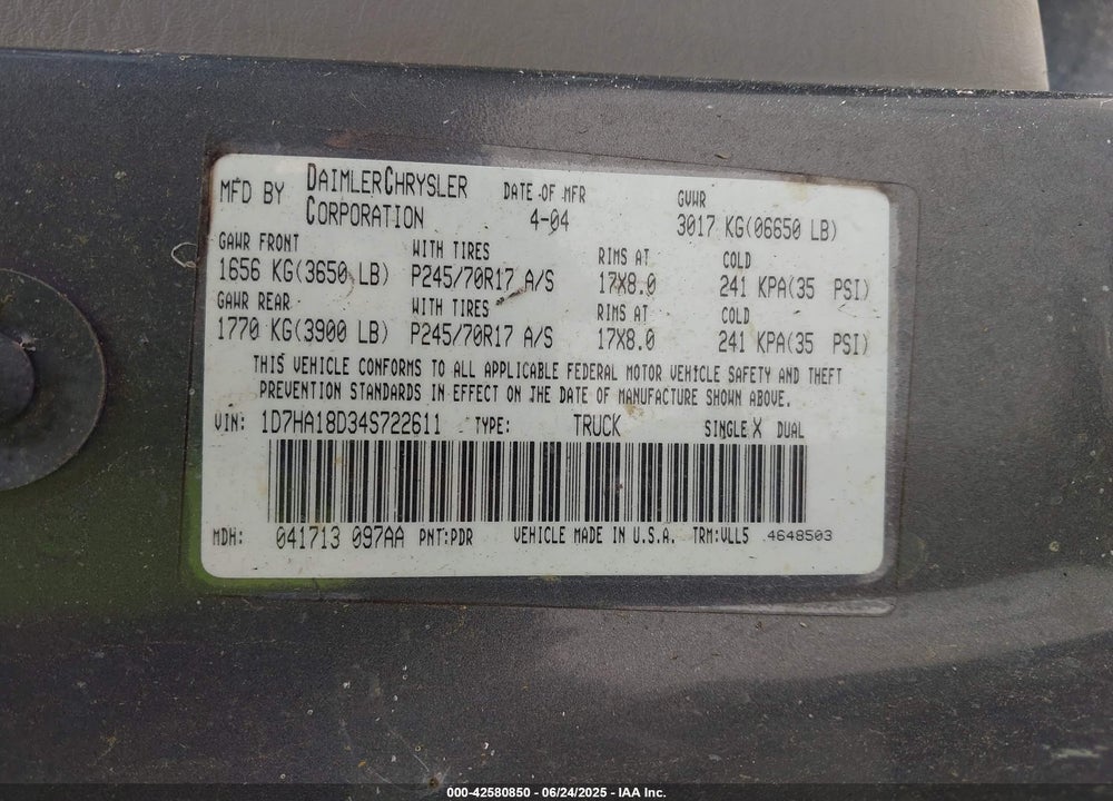 2004 DODGE RAM 1500 VIN: 1D7HA18D34S722611