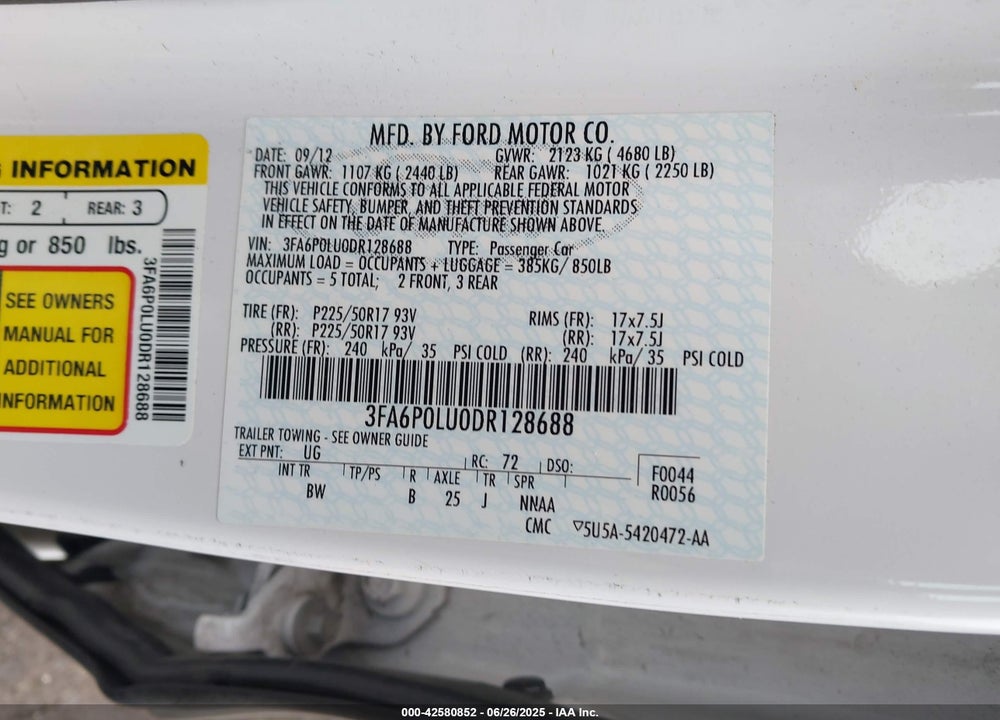 2013 FORD FUSION HYBRID VIN: 3FA6P0LU0DR128688
