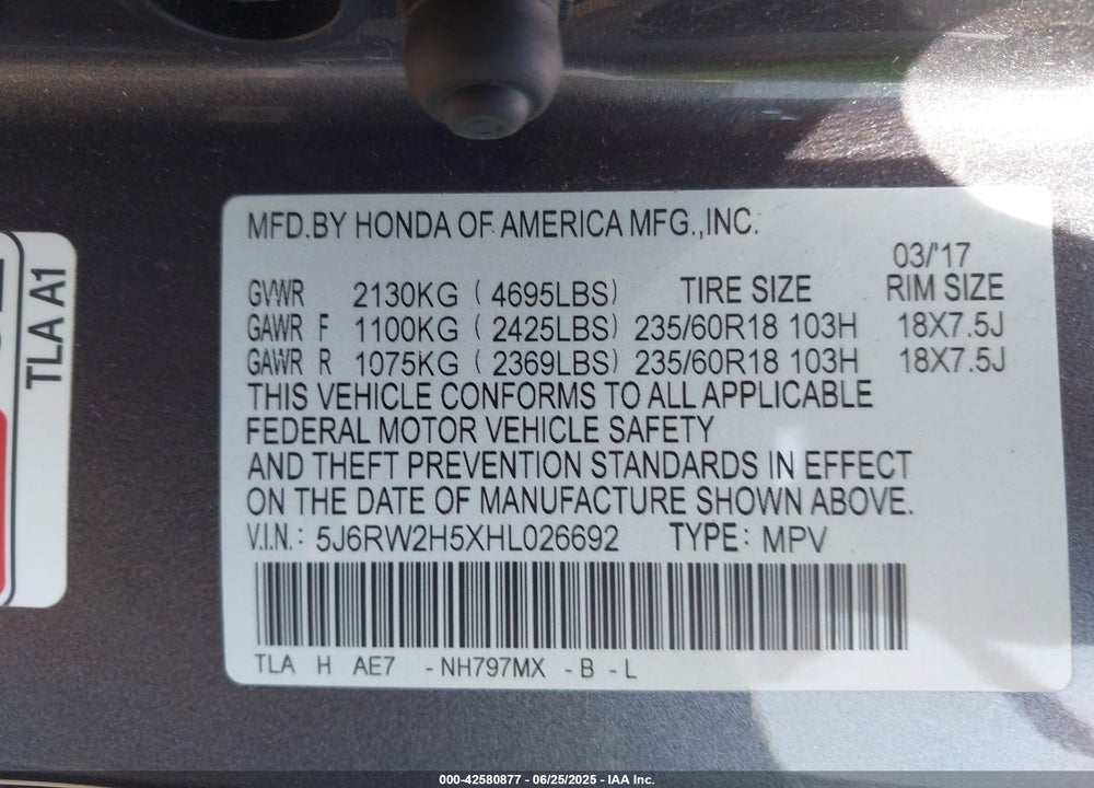 2017 HONDA CR-V VIN: 5J6RW2H5XHL026692
