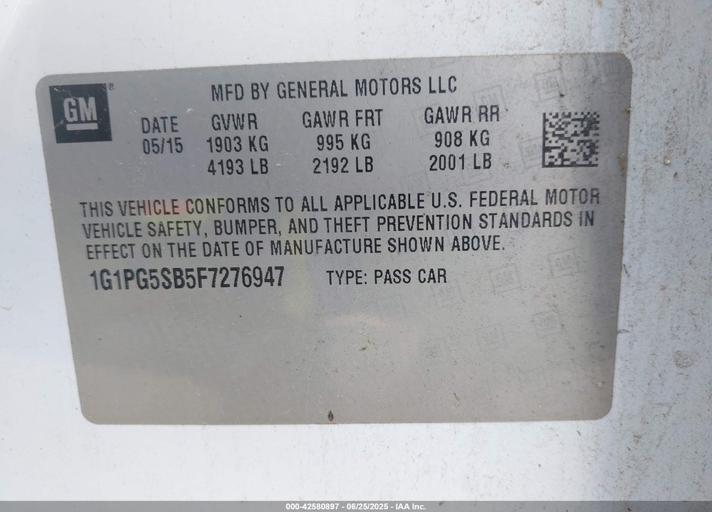 2015 CHEVROLET CRUZE VIN: 1G1PG5SB5F7276947