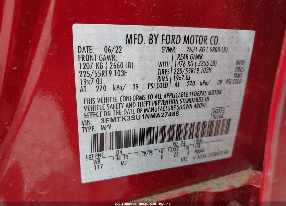 2022 FORD MUSTANG MACH-E VIN: 3FMTK3SU1NMA27488